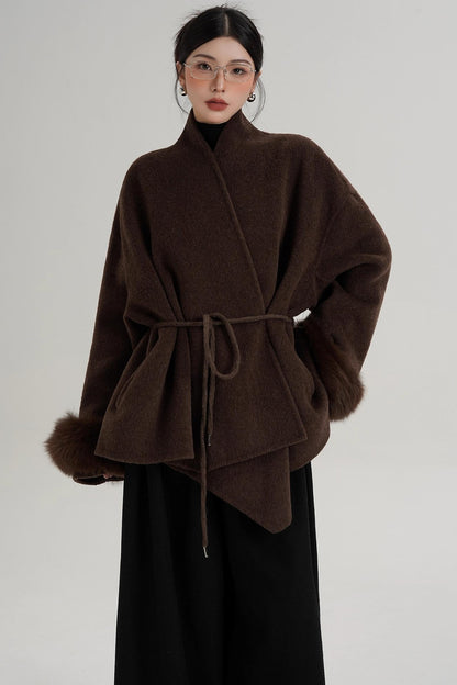 Elegant Fox Fur Sleeve Wool Coat