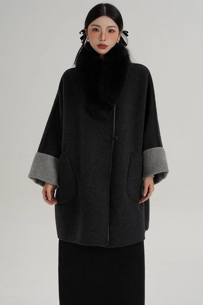 Elegant Fox Fur Collar Wool Cape Coat