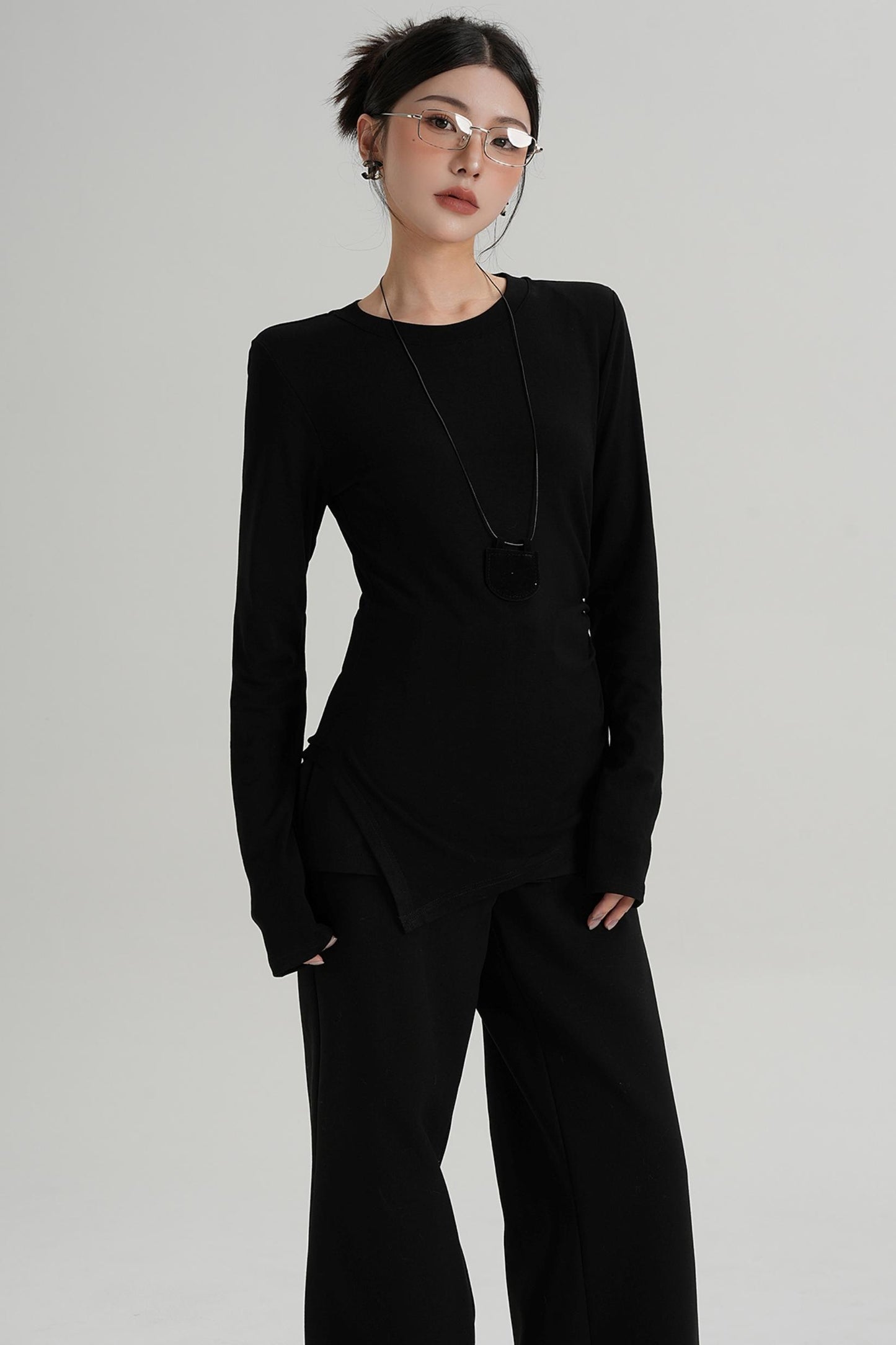 Shoulder Pads Hem Slit Long Sleeve T-shirt