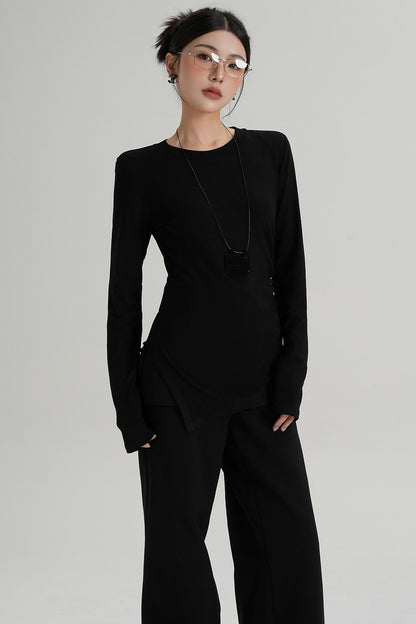 Shoulder Pads Hem Slit Long Sleeve T-shirt