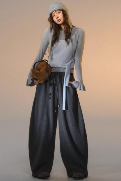 Fake Two Contrasting Tie-Up Sweater