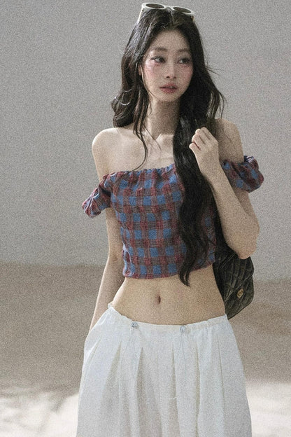 Youthful Plaid Off-Shoulder Top