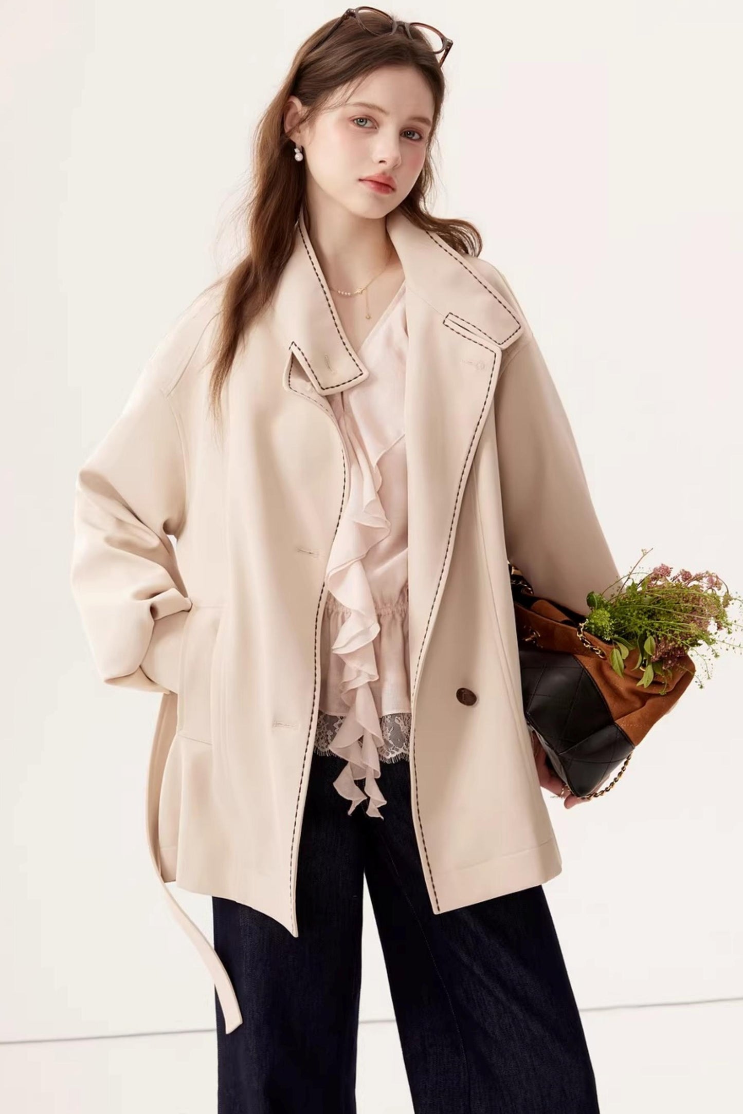 Stand Collar Lantern Sleeve Trench Coat