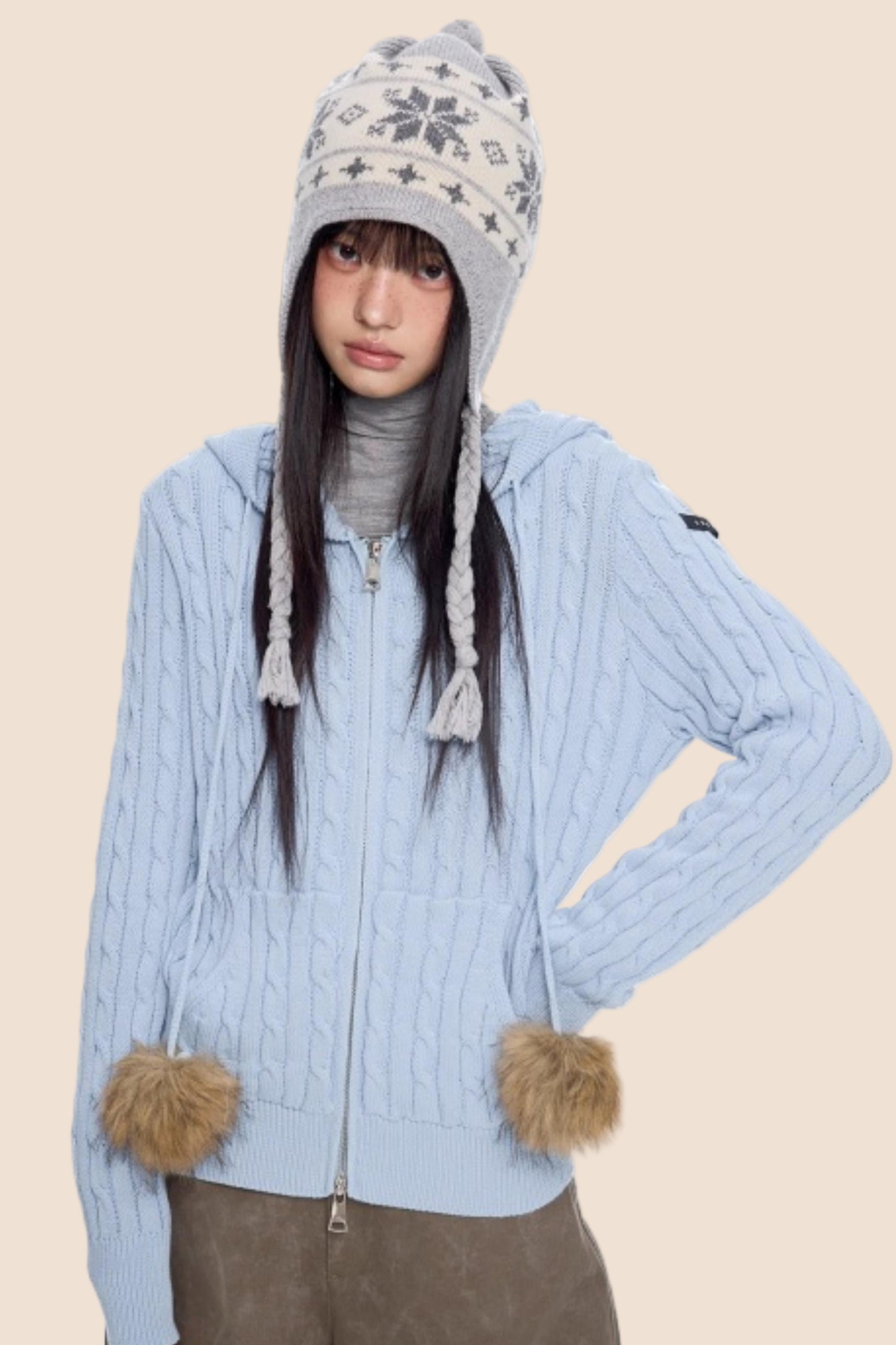 Furball Twisted Knit Hooded Cardigan