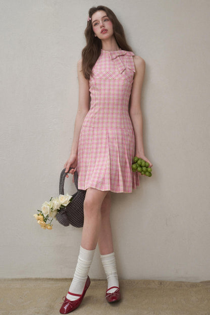 Bow Halterneck Plaid Dress