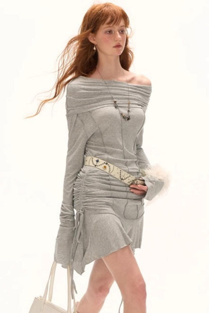 Slanted Pleated French Waist Long Sleeve Midi Dress