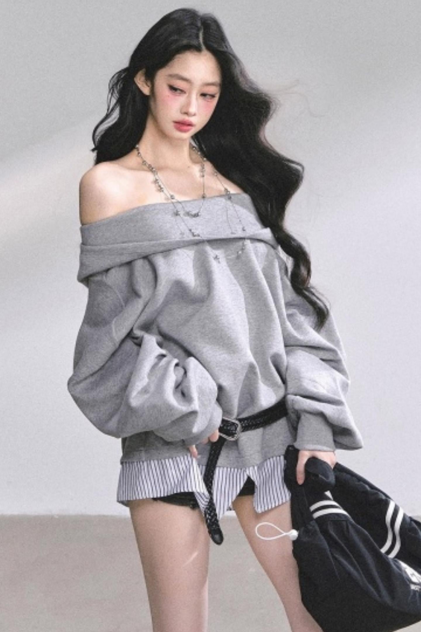 One Shoulder Grayscale Sweatshirt Dress