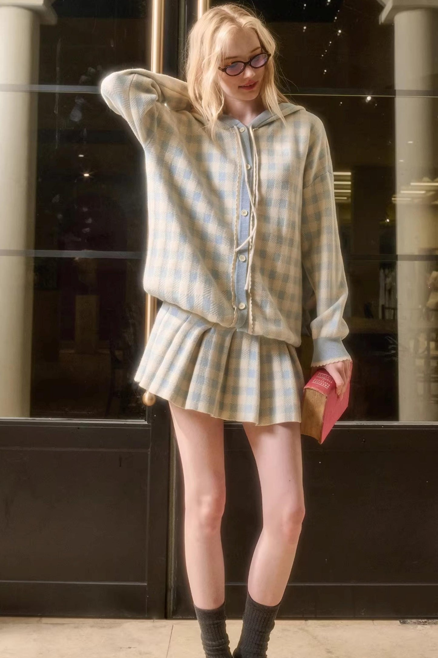 Comfortable Blue Plaid Pleated Jacket Set-Up