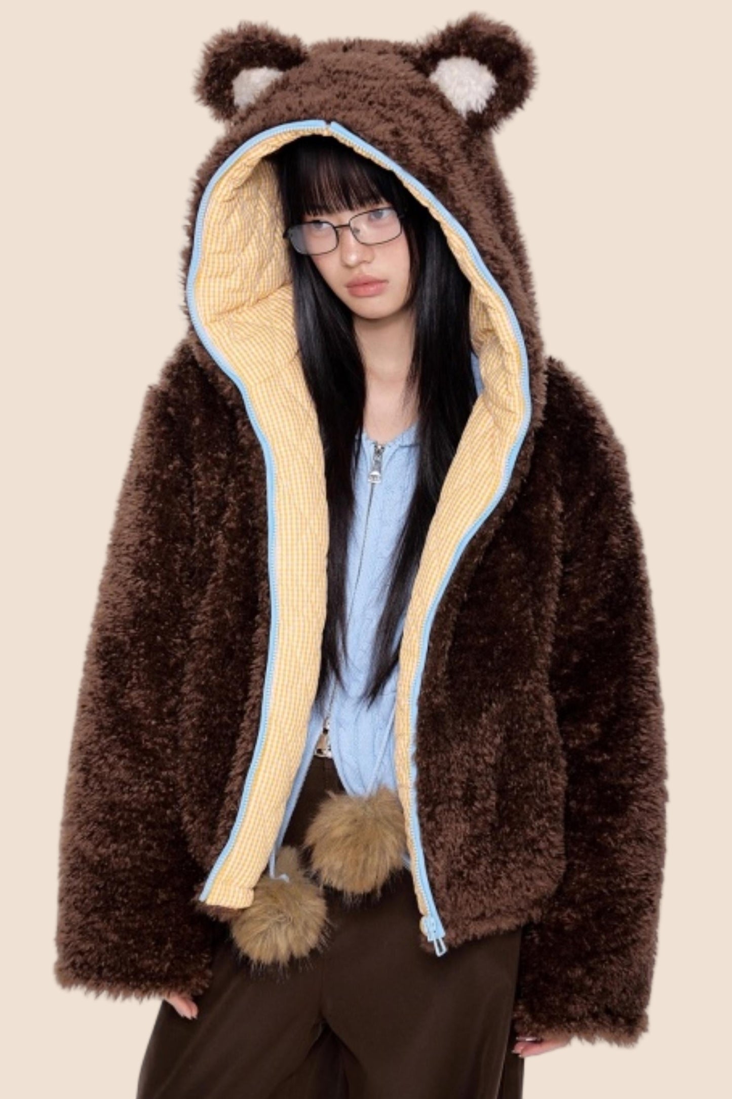 Ear-Flap Striped Faux Shearling Jacket