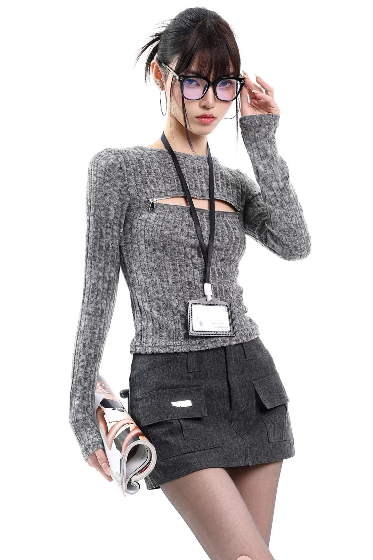 Gray Cut Out Knit Top
