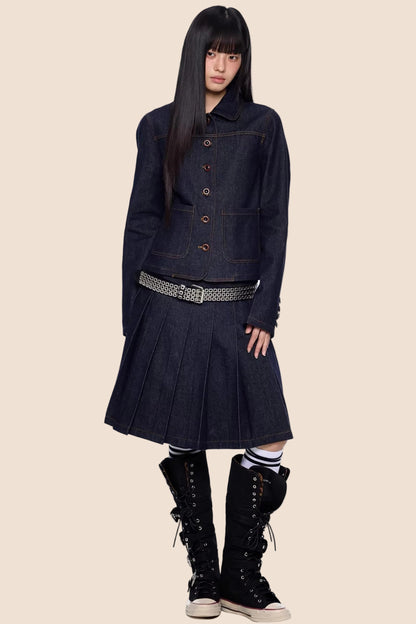 Retro Denim Faltenrock Anzug Set