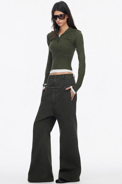 Half-Turtleneck Zip-Up Knitted Design Top