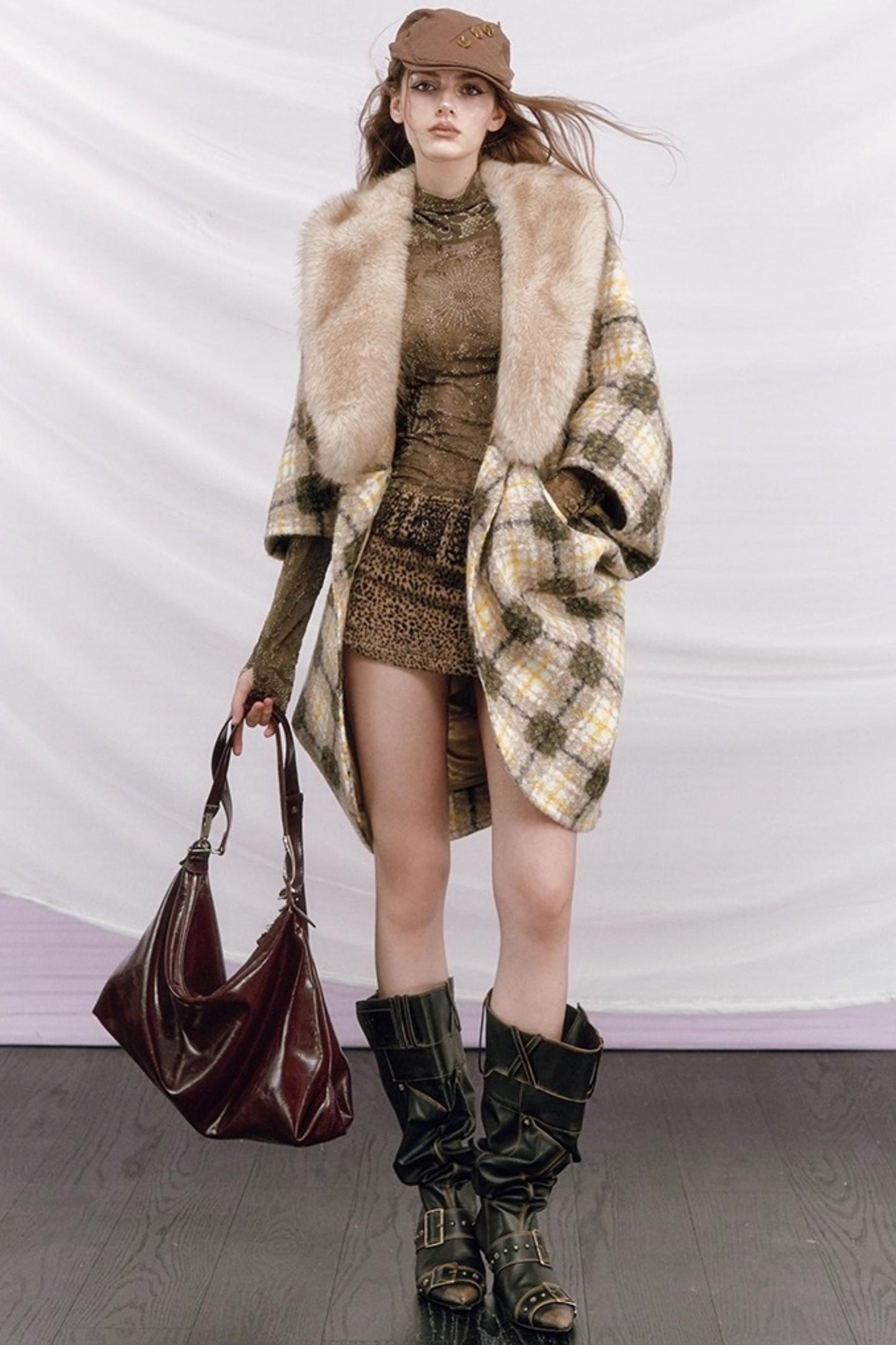 Plaid Fur Collar Woolen Coat