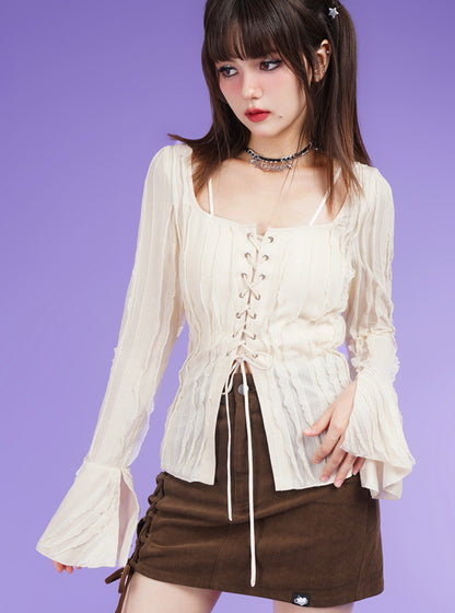 Lace-up bell sleeve texture top