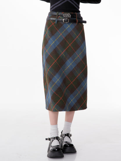 american retro high waist blue plaid skirt