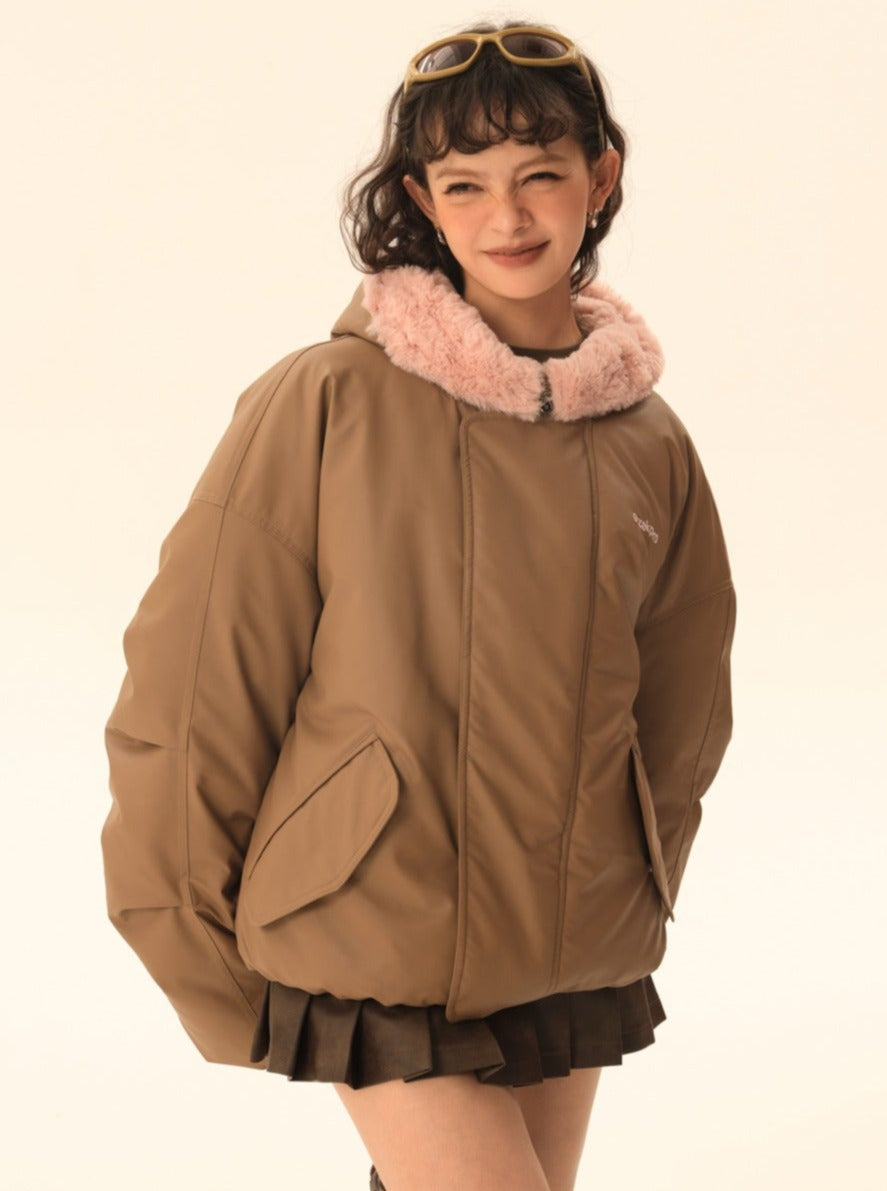 Imitation rabbit fur hooded no-wash pu skin down jacket