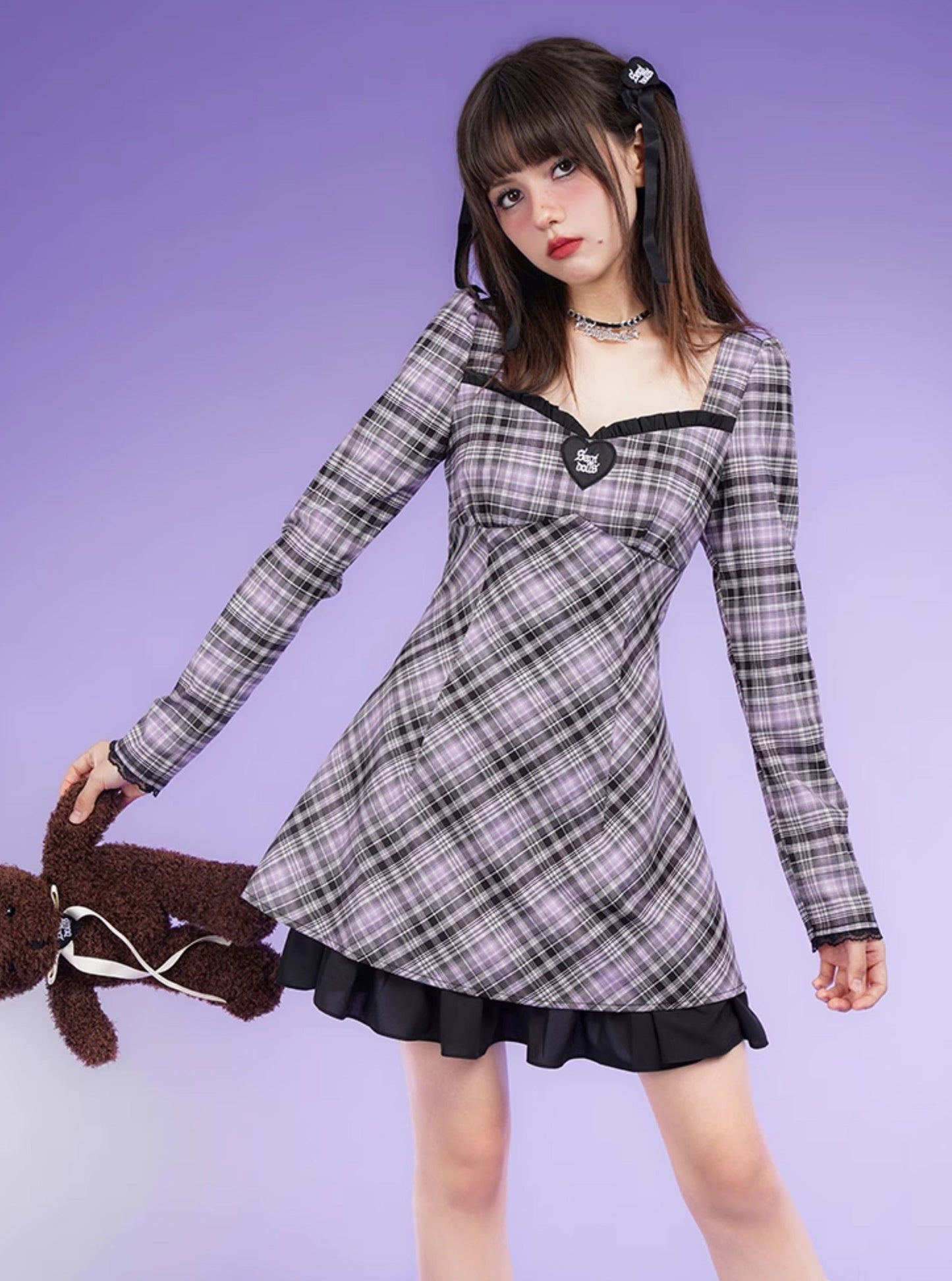 Plaid A-Line Bubble Long-sleeved Lace Dress