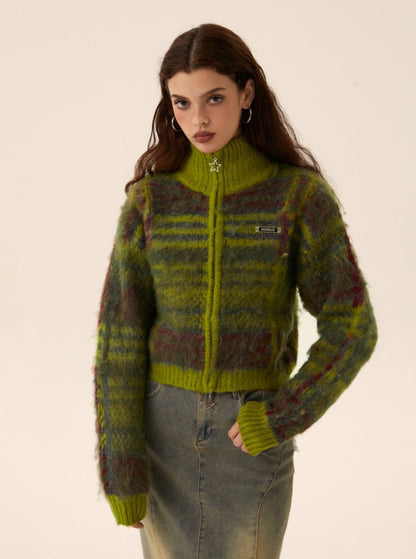 Cropped mohair knit cardigan zipper sweater coat