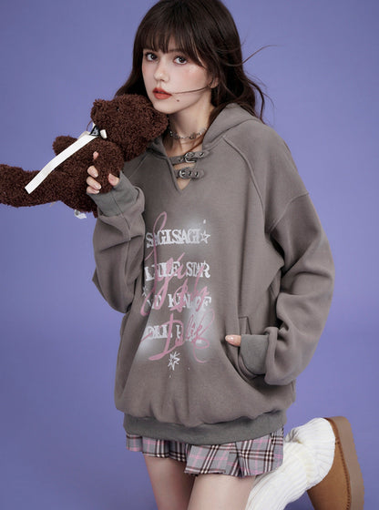 Letter print pullover hooded and suede thick coat