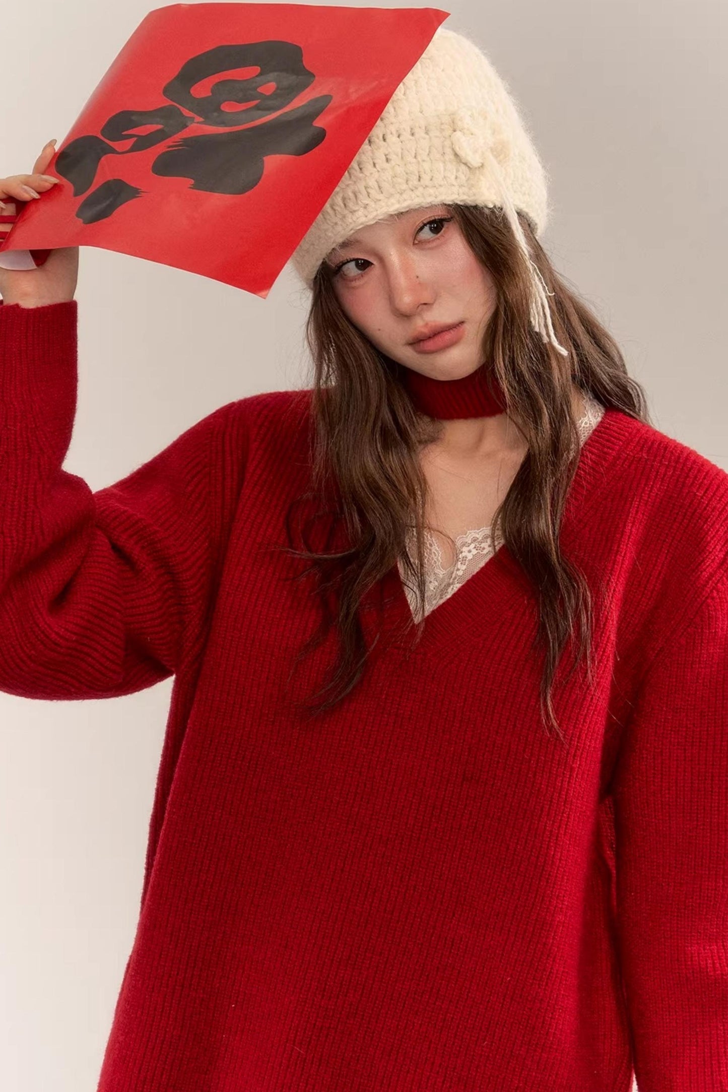 Asgony Red Retro Knit Sweater