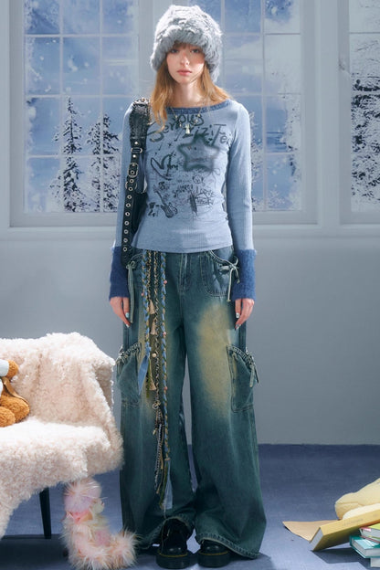 Patchwork Plush Crew Neck Knitted Base Shirt