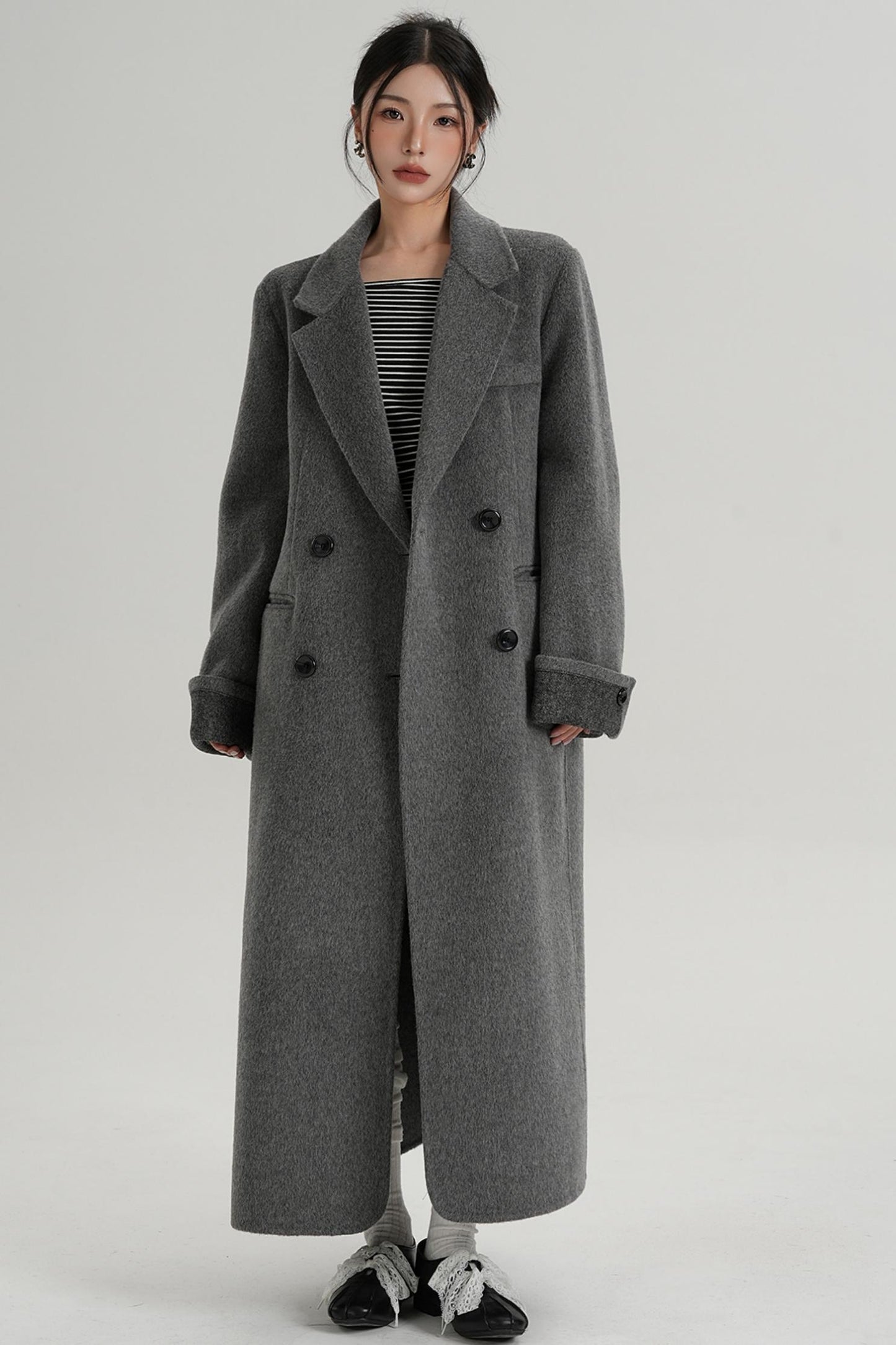 Turn-Sleeve Suit Collar Long Wool Coat