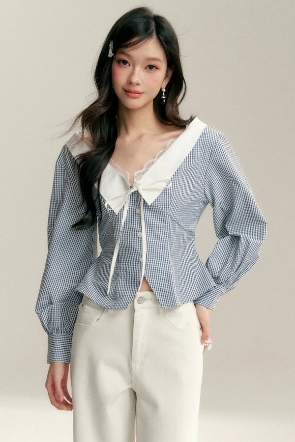 Lace Trim Plaid Blouse
