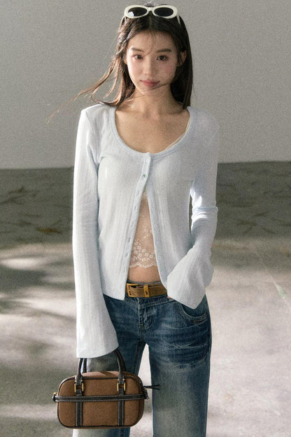 Lace-Detail Micro-Flare Knit Top