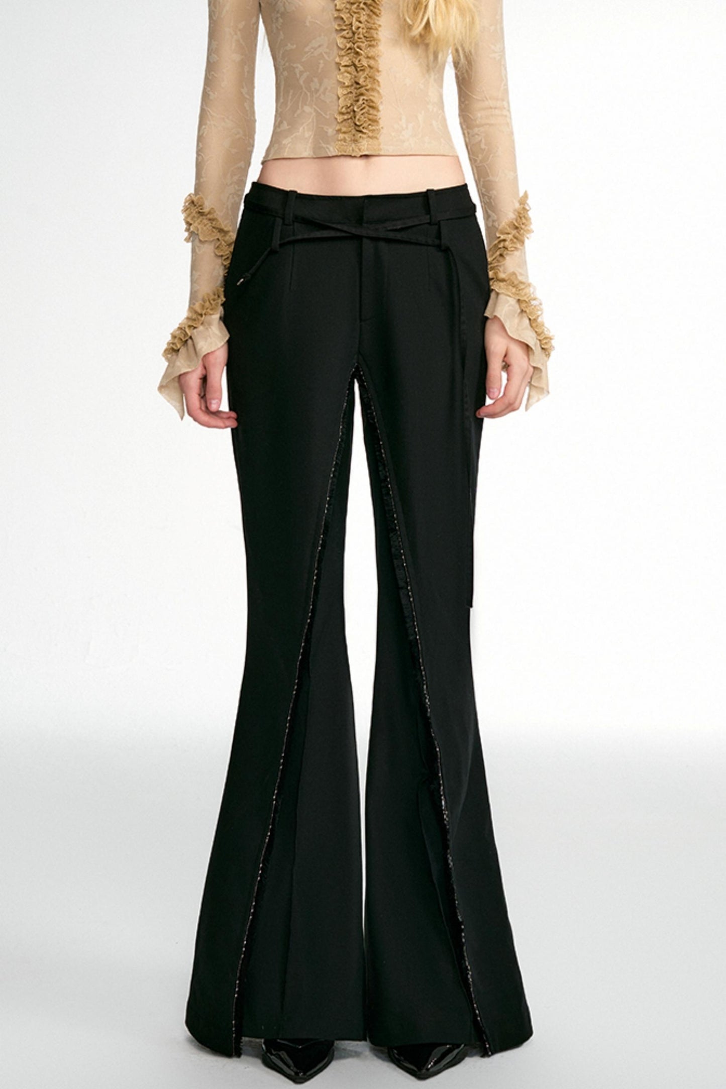 OfAkiva "Soar" chic Tencel wool-blend double-layered tassel suit trousers