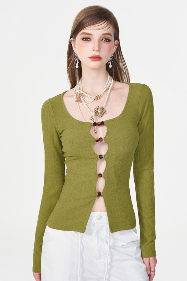 Color Beaded U-Neck Long Sleeve Tee