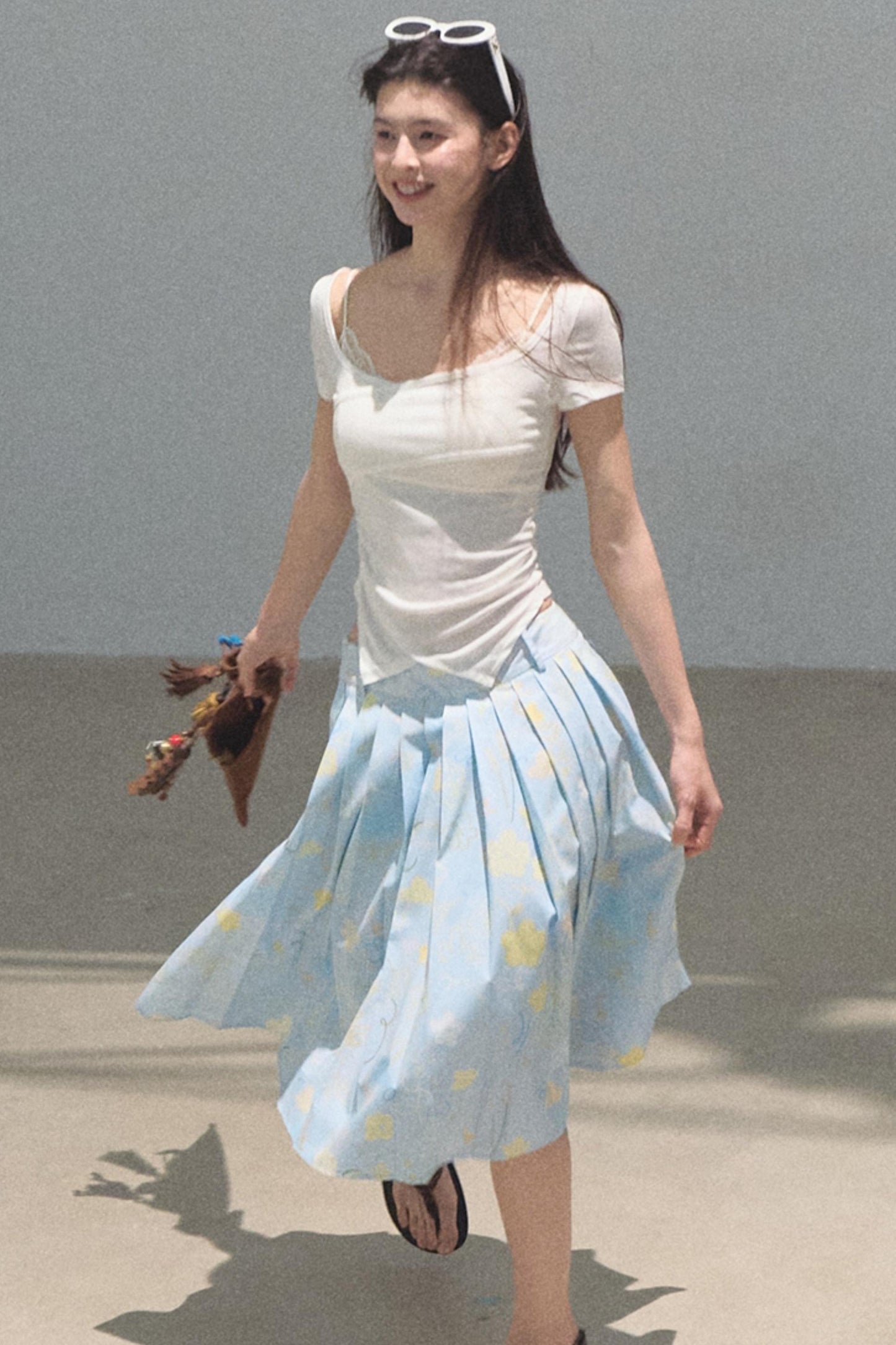 Running Waves Cotton Poplin Pleated Midi Skirt