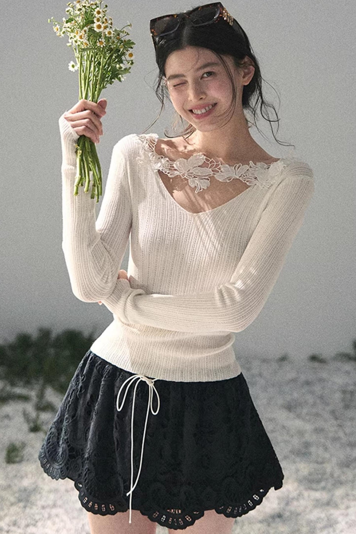 Lace-Trimmed Knitted Top