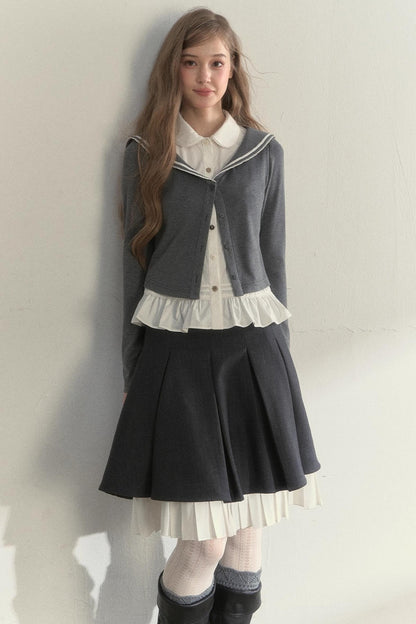College Navy Collar Top & Skirt Set-Up