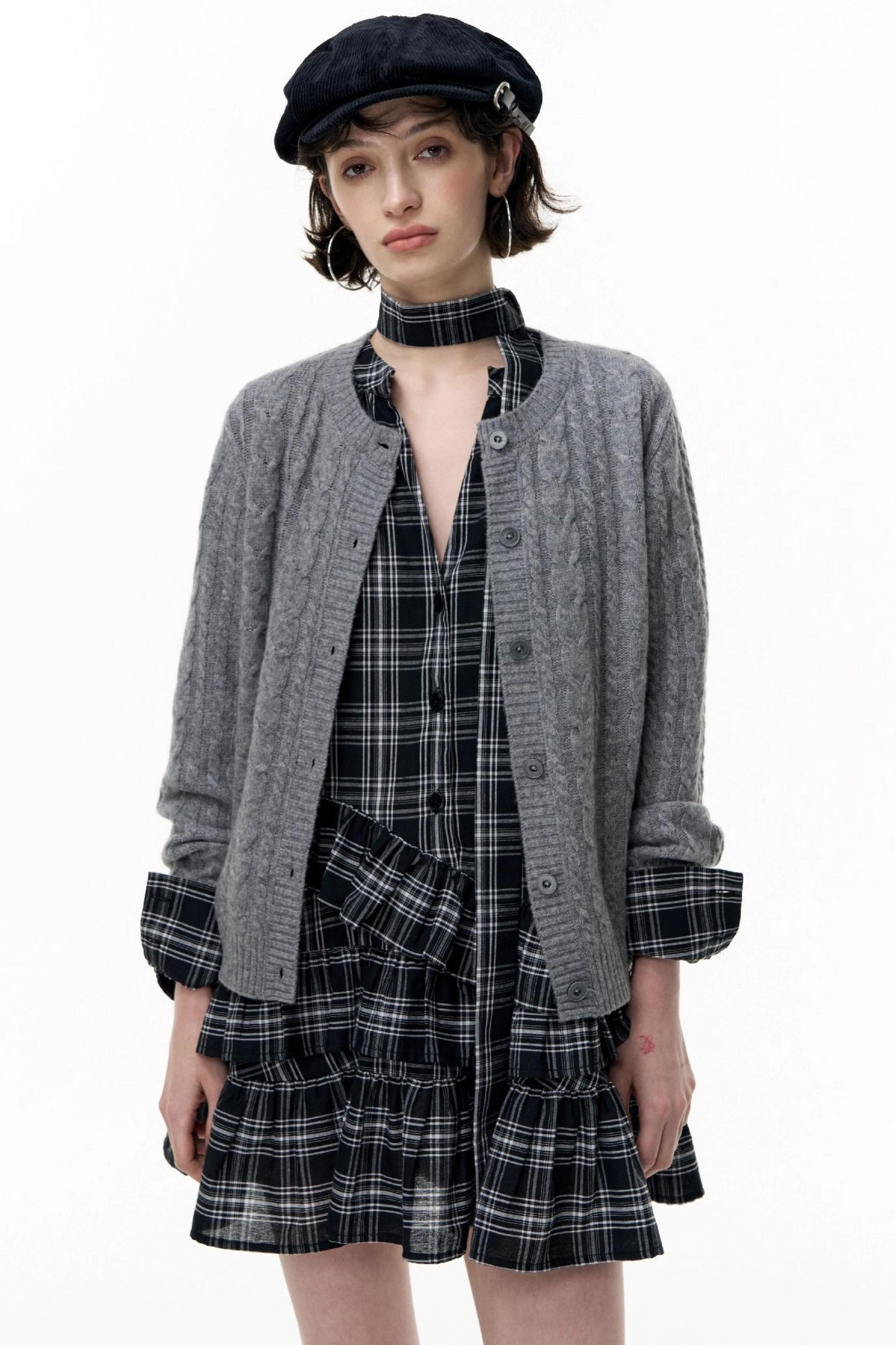 Plaid Ruffle Long Sleeve Shirt Dress
