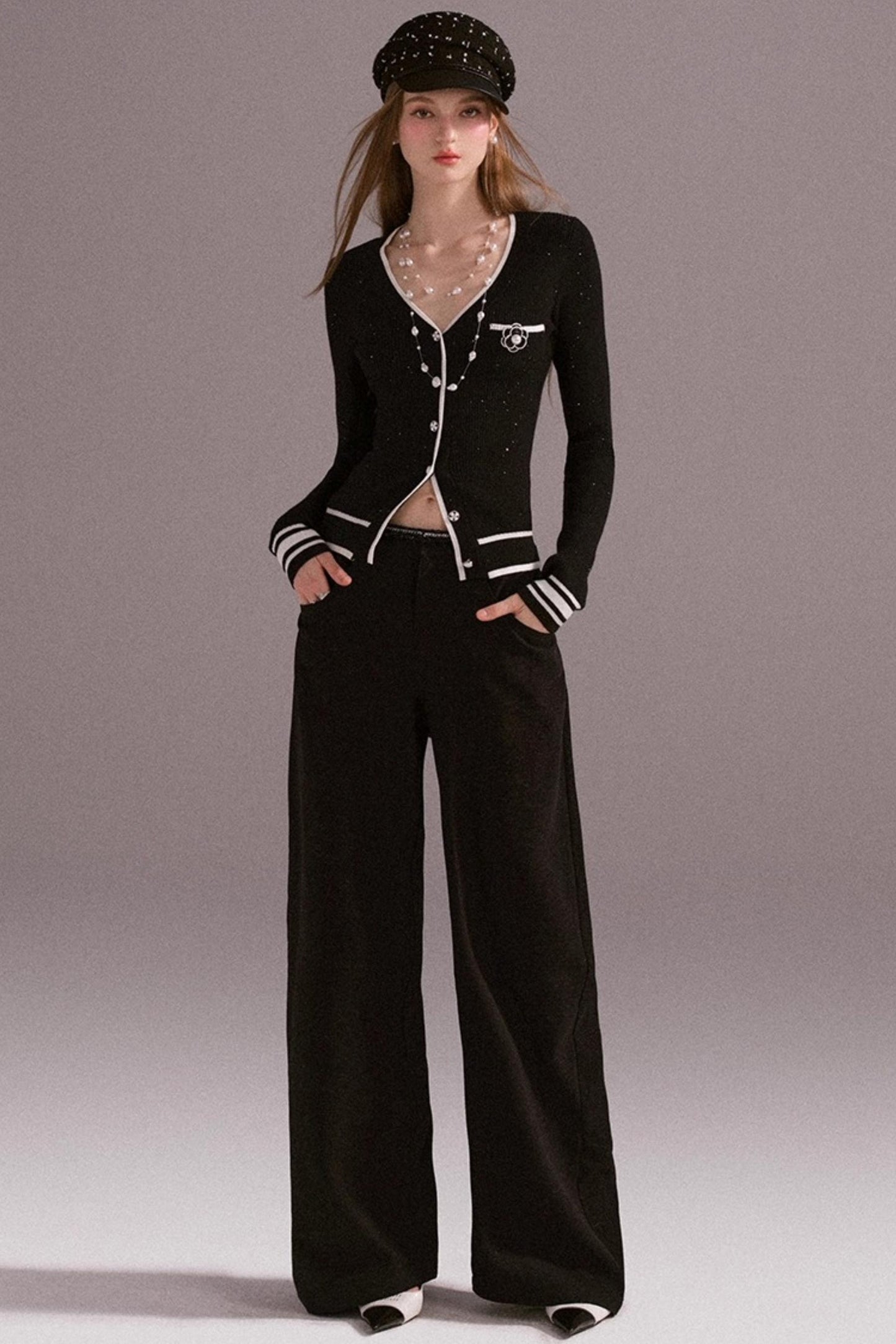 Hot Girl Contrast Knit Cardigan Suit Set-Up