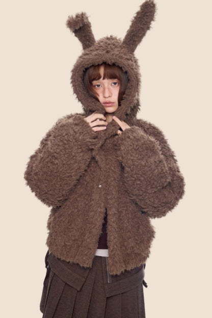 Imitation Wool Hooded Cardigan