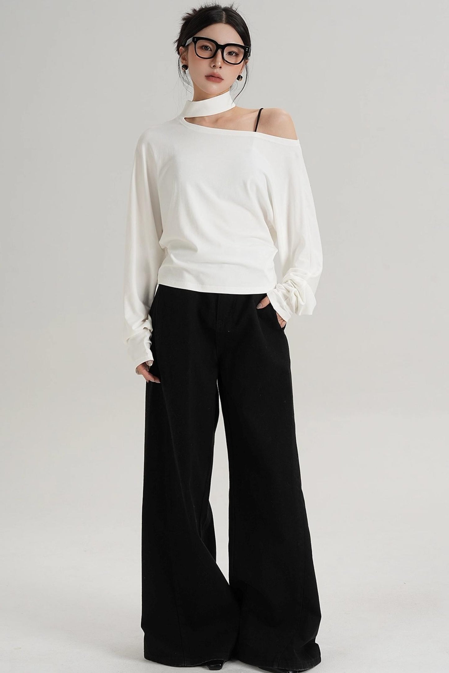 Halterneck Slanted Shoulder Long Sleeve Top