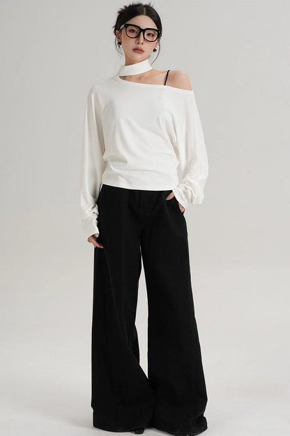 Halterneck Slanted Shoulder Long Sleeve Top