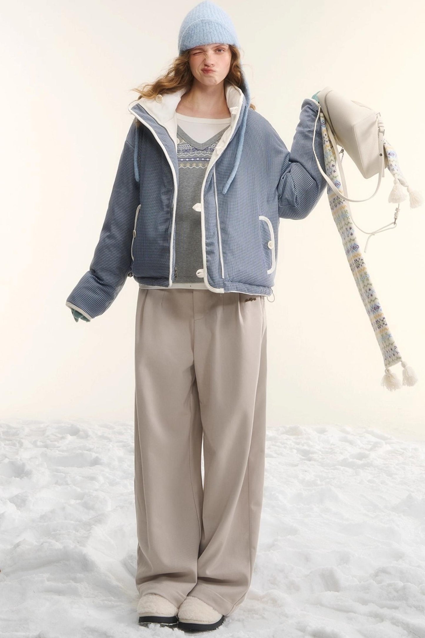 Plaid Fleece-Lined Wide-Leg Pants