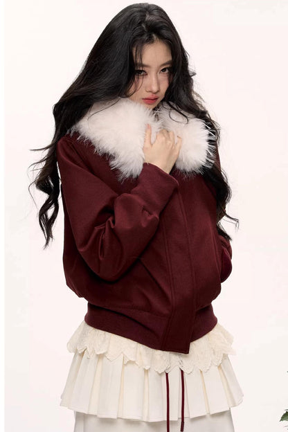 Burgundy Black Fur Collar Coat Set-Up