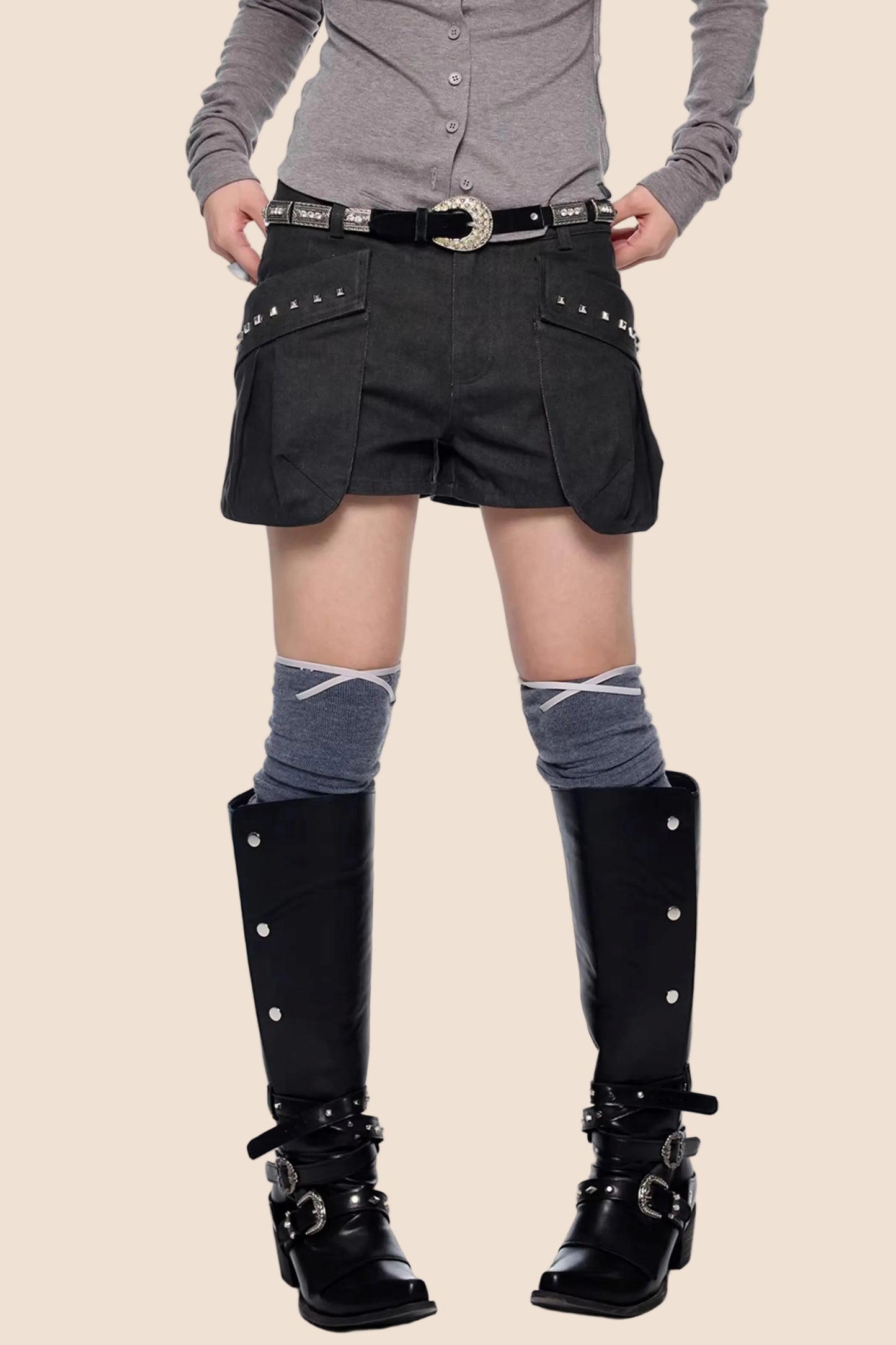 Rivet Pleated A-Line Shorts