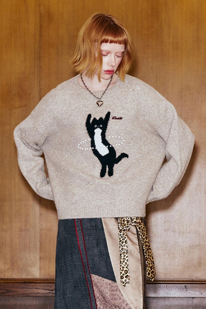 DANCING KITTEN ROUND NECK SWEATER