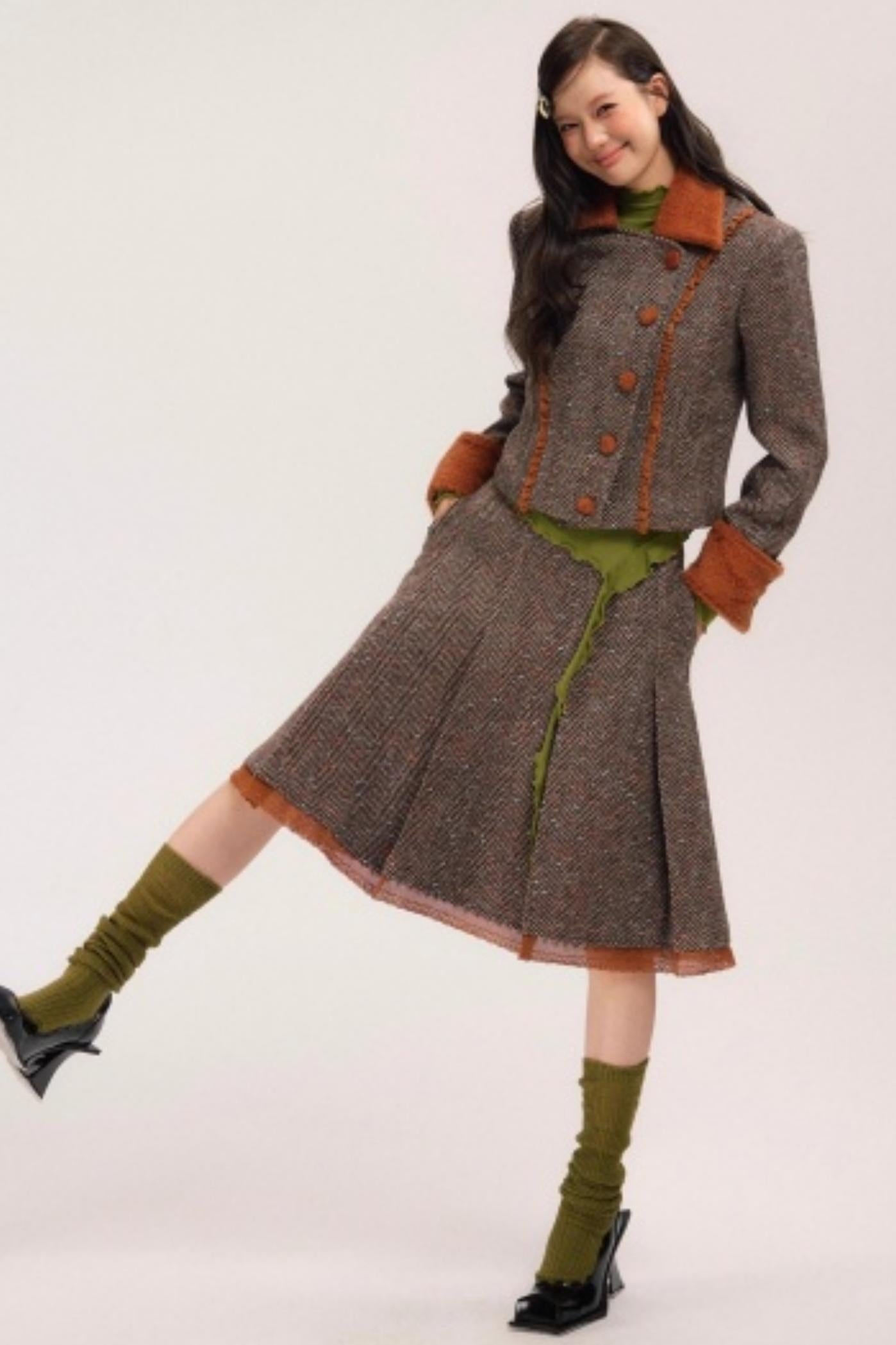 Vintage Wool Herringbone Coat Skirt Set-Up