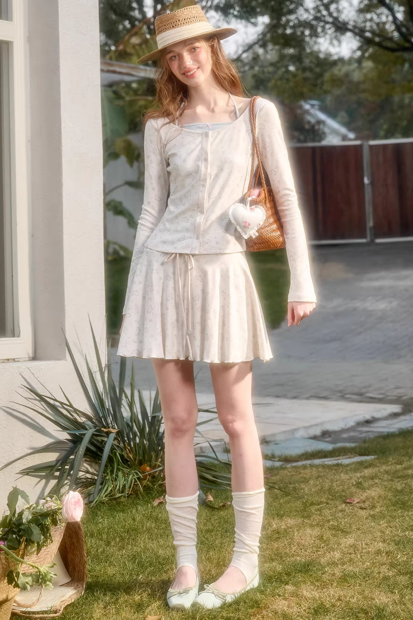 손으로 그린 가디건 스커트 셋업