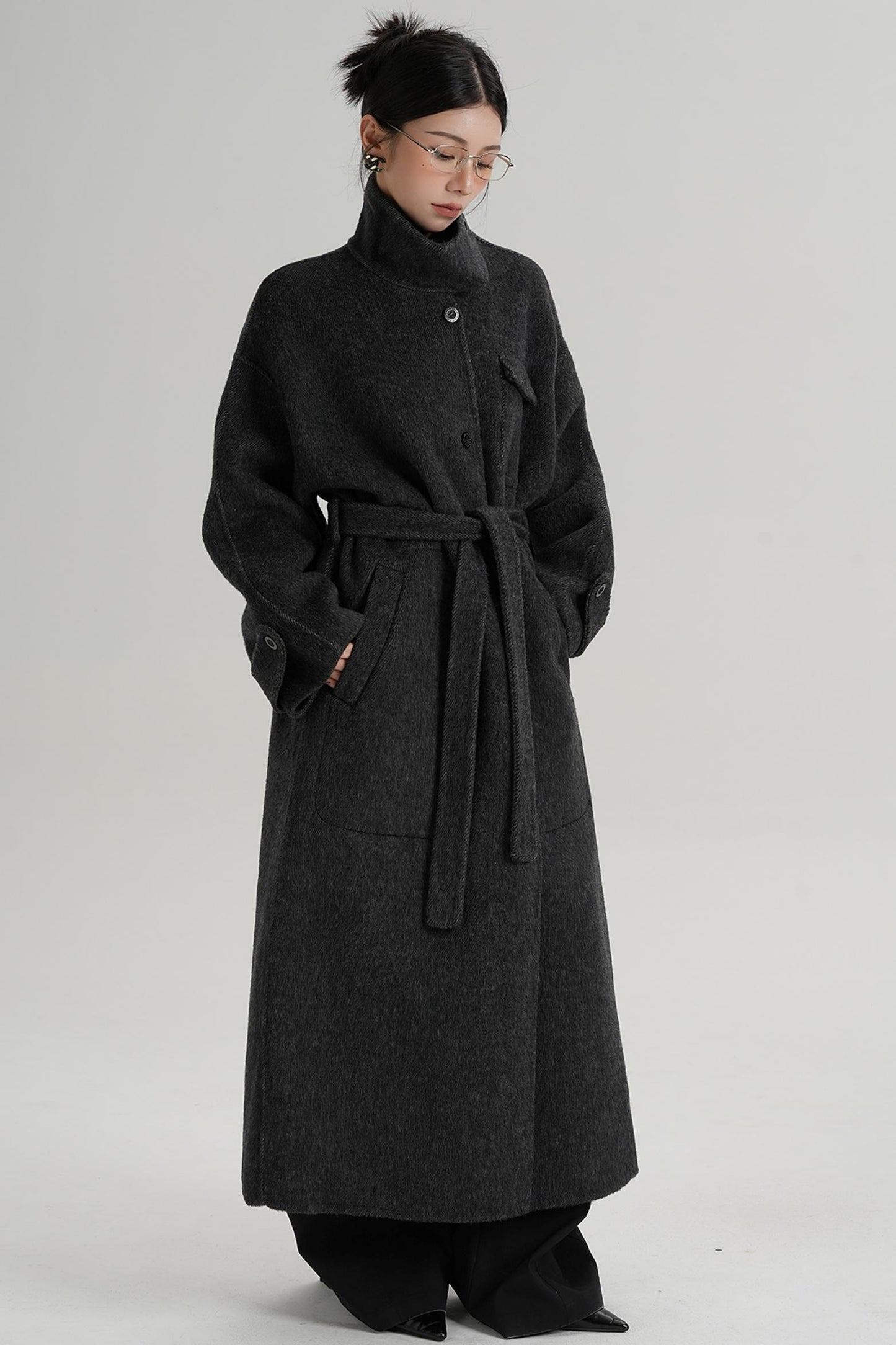 Temperament Design Color-Blocking Woolen Coat