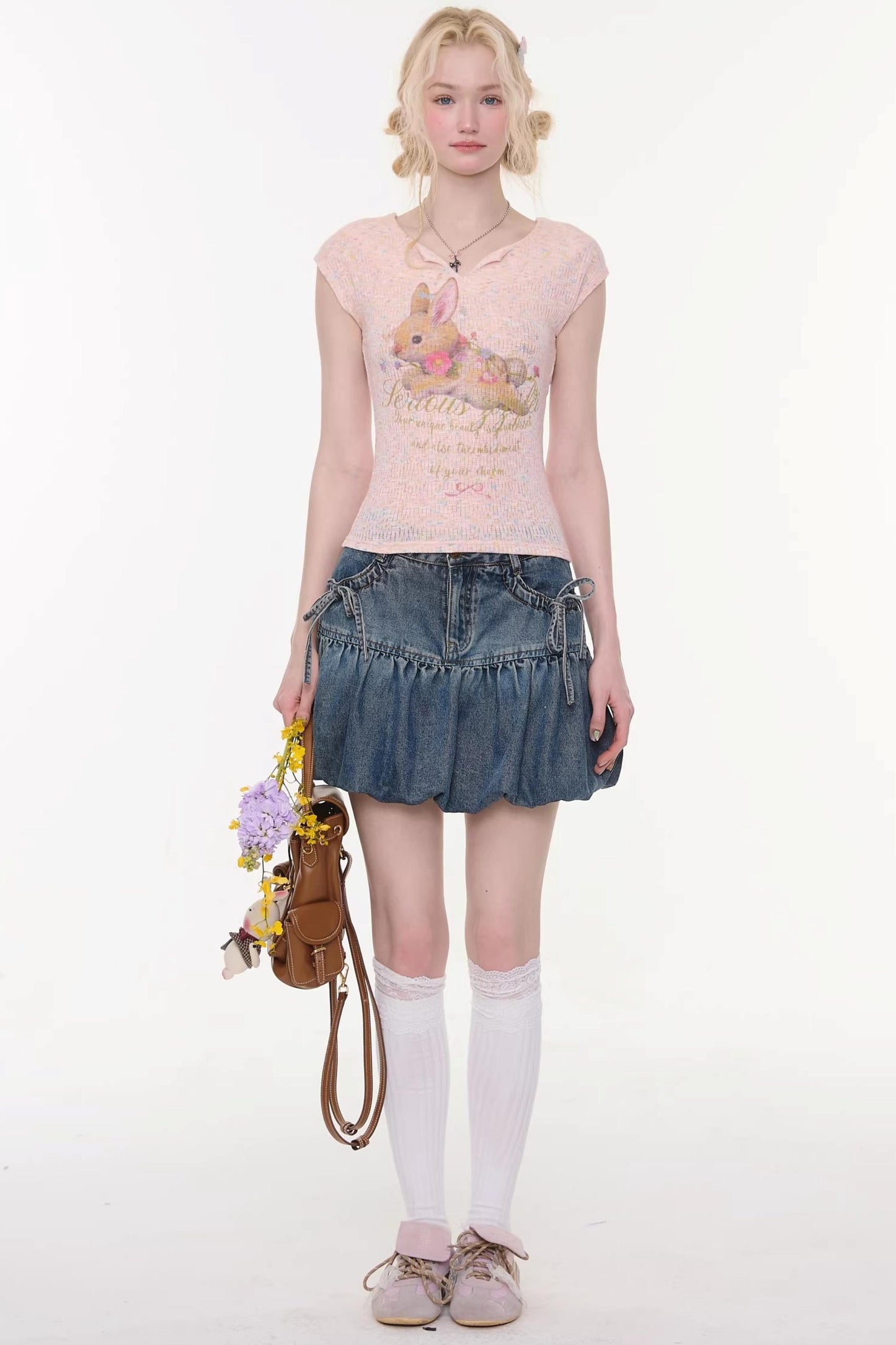 Sweet Bubble Bowknot Denim Skirt