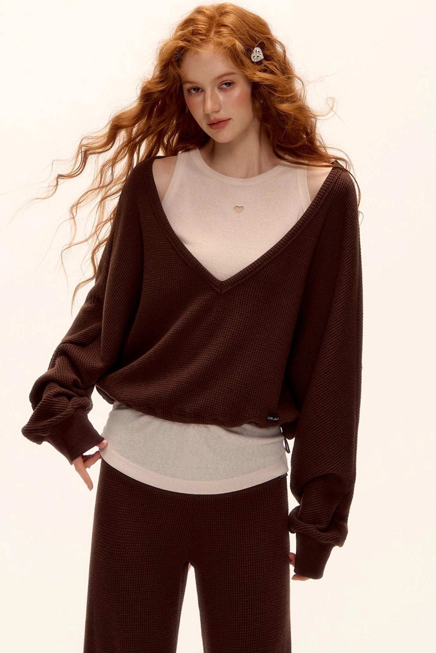 Waffle Knit V-Neck Sweater Set-Up