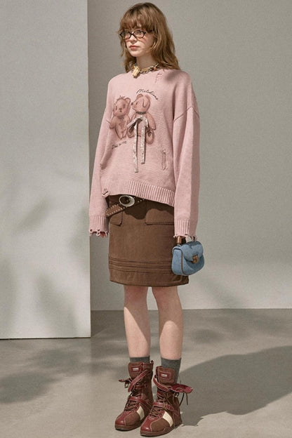 Kiss Bear Print Long Sleeve Sweater