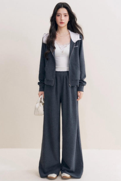 Rose Print Patchwork Hooded Jacket Set-Up