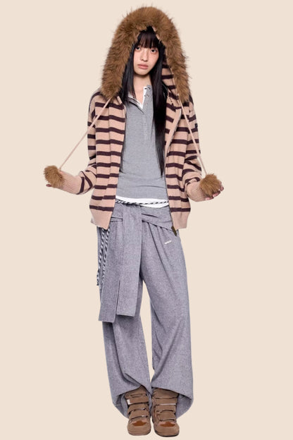 Fur Collar Striped Knit Cardigan